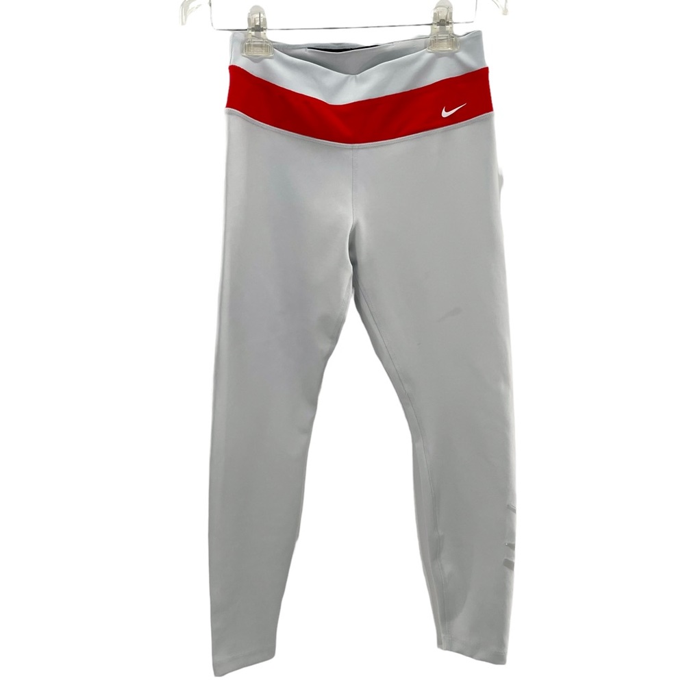 Nike Dri-Fit Light Gray & Red Leggings / Running Pants w/ Large Logo in Size Med